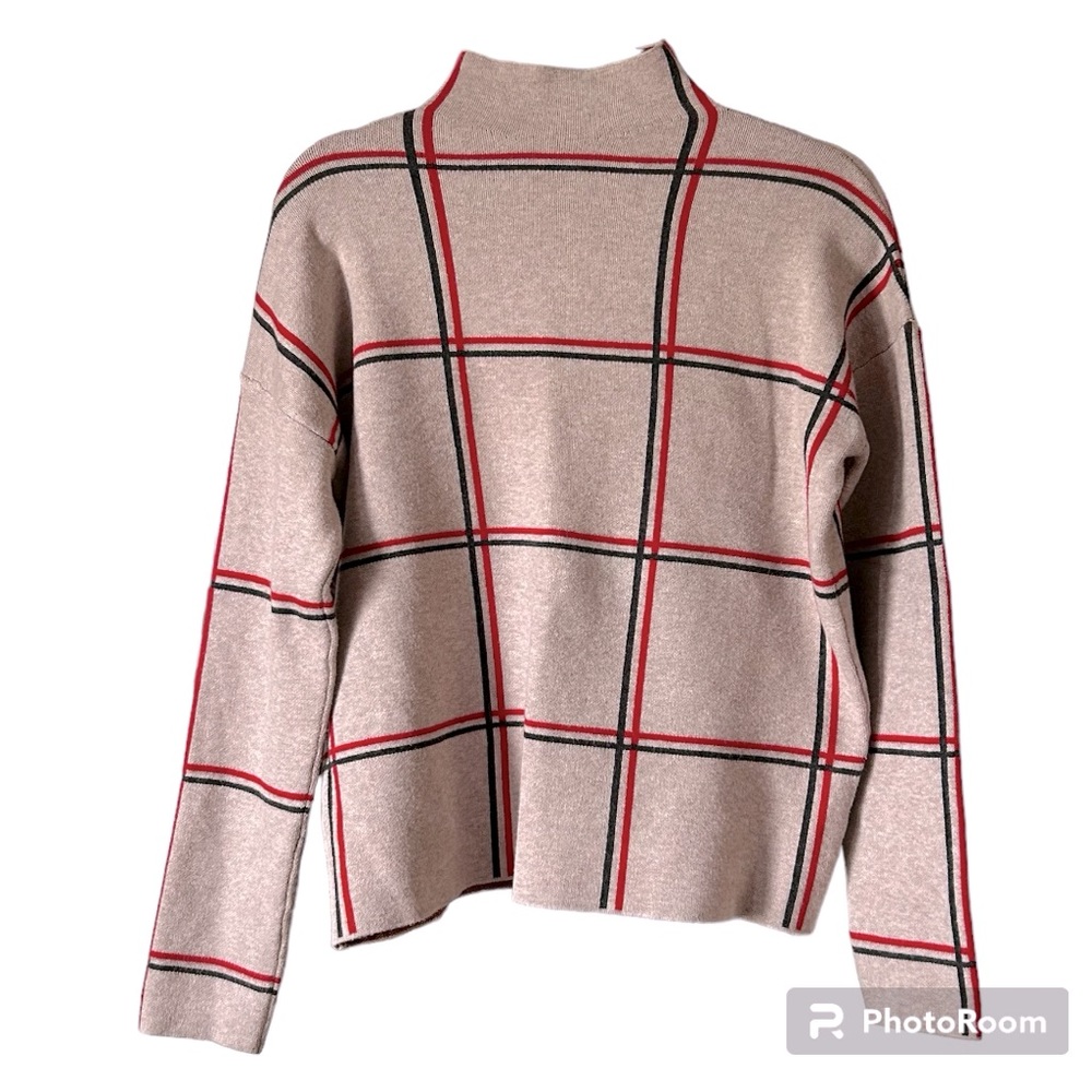 Tahari Beige Plaid Sweater with Red and Black Windowpane